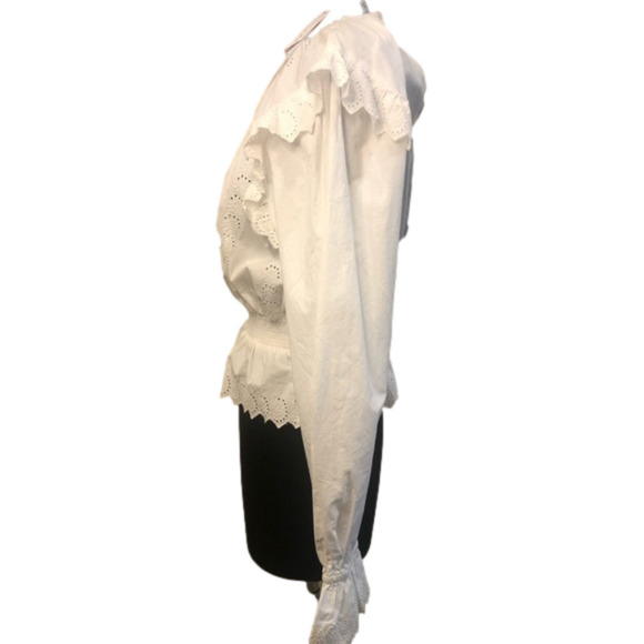 Topshop Shirred Embroidered White Ruffle Blouse Blouson Sleeves Size 6 Victorian - Picture 6 of 15